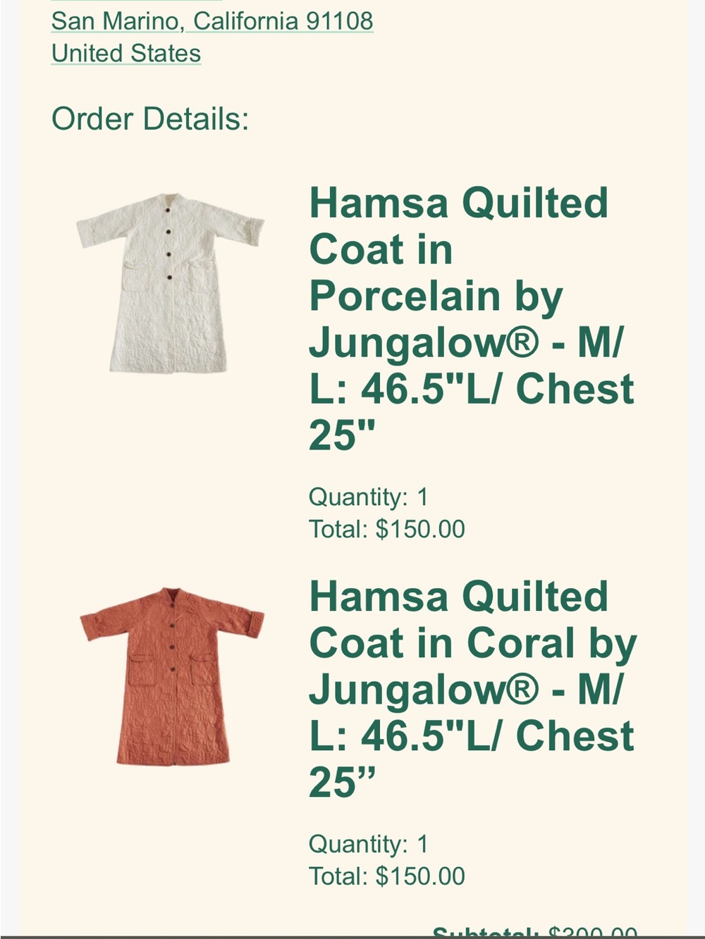 Jungalow Peking Hamsa Quilted Coat Coral Size M/L - Picture 12 of 12
